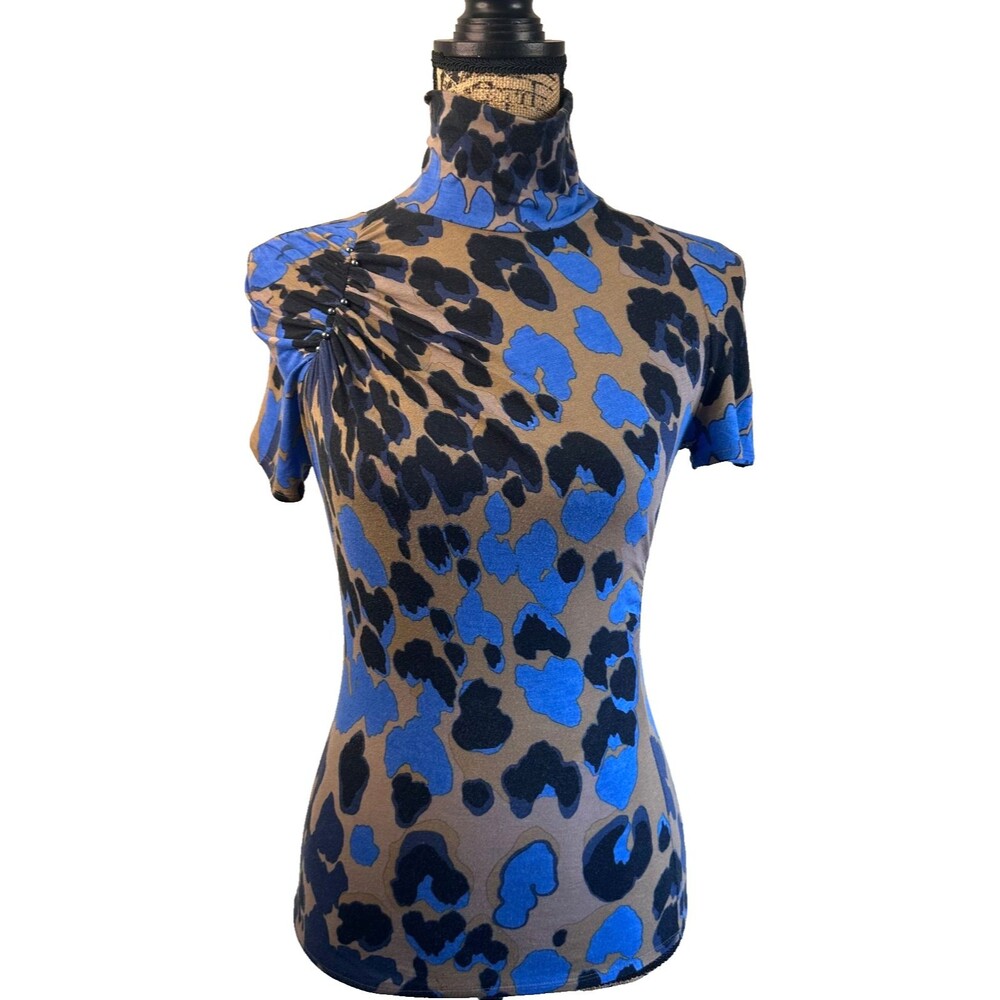 Roberto Cavalli Blue/Black/Brown Animal Print Ruched Turtleneck Top Sz 40/4